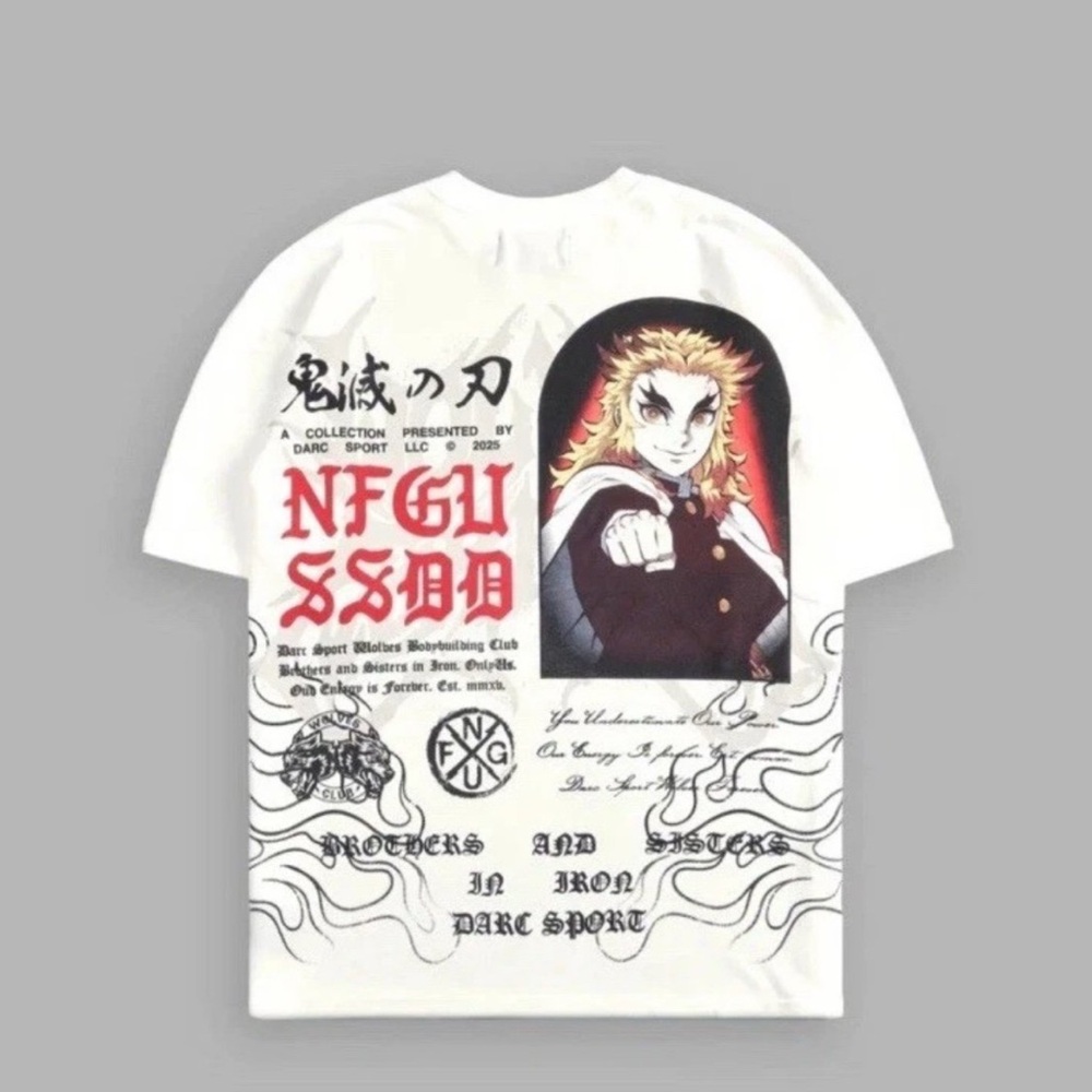 NWT OS XL Darc Sport x Demon Slayer "Flame Pillar" Rengoku Tee in Cream